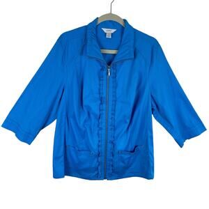 CJ Banks 100% Cotton Bright Blue Ruffled Full Zip Lightweight Jacket Size 1X